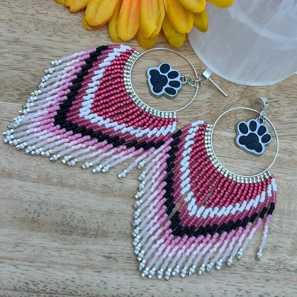 Handmade Beaded Long Fringe Paw Love Dangle Drop Lightweight Post Hoop Earrings - Picture 6 of 9